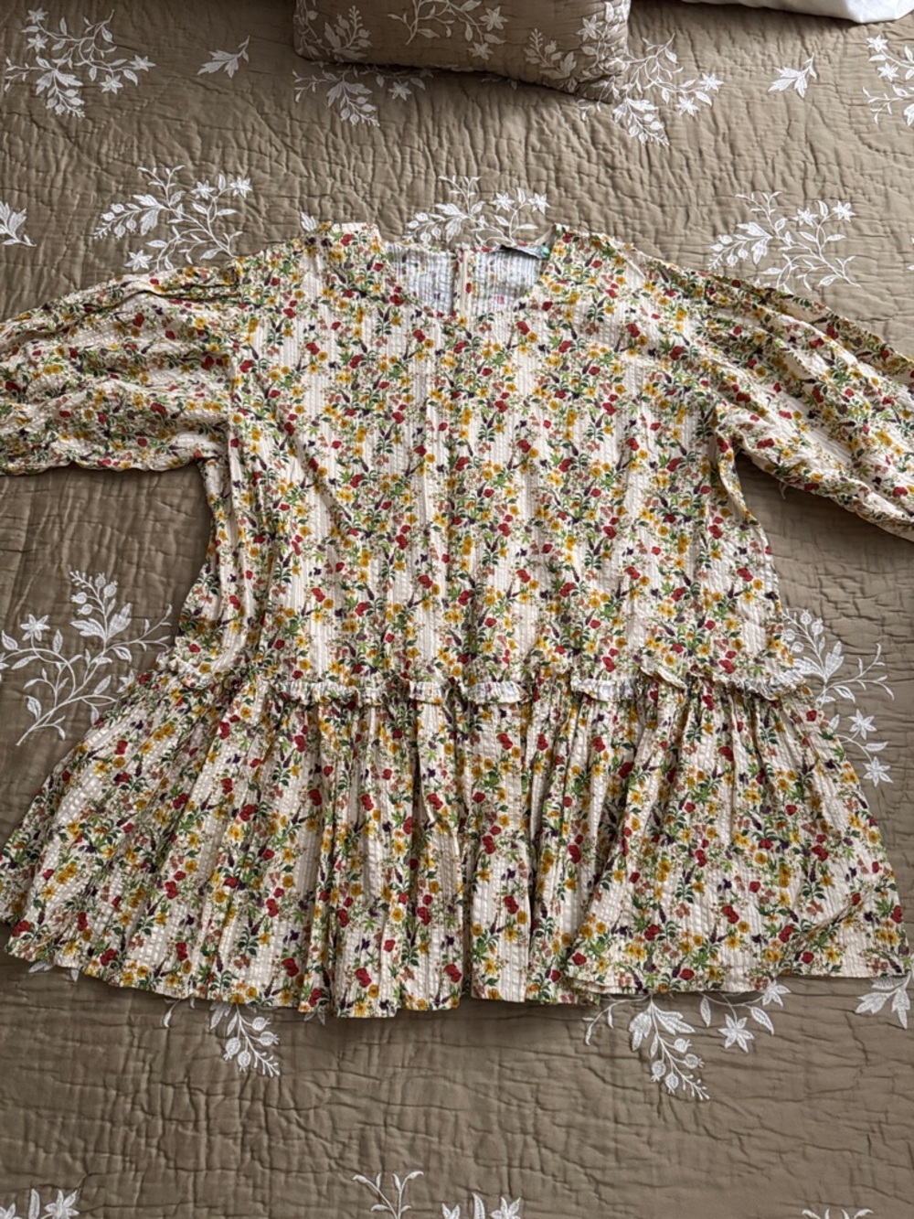 Bohemian Traders Cream Floral Peplum Blouse with Red & Yellow Blooms